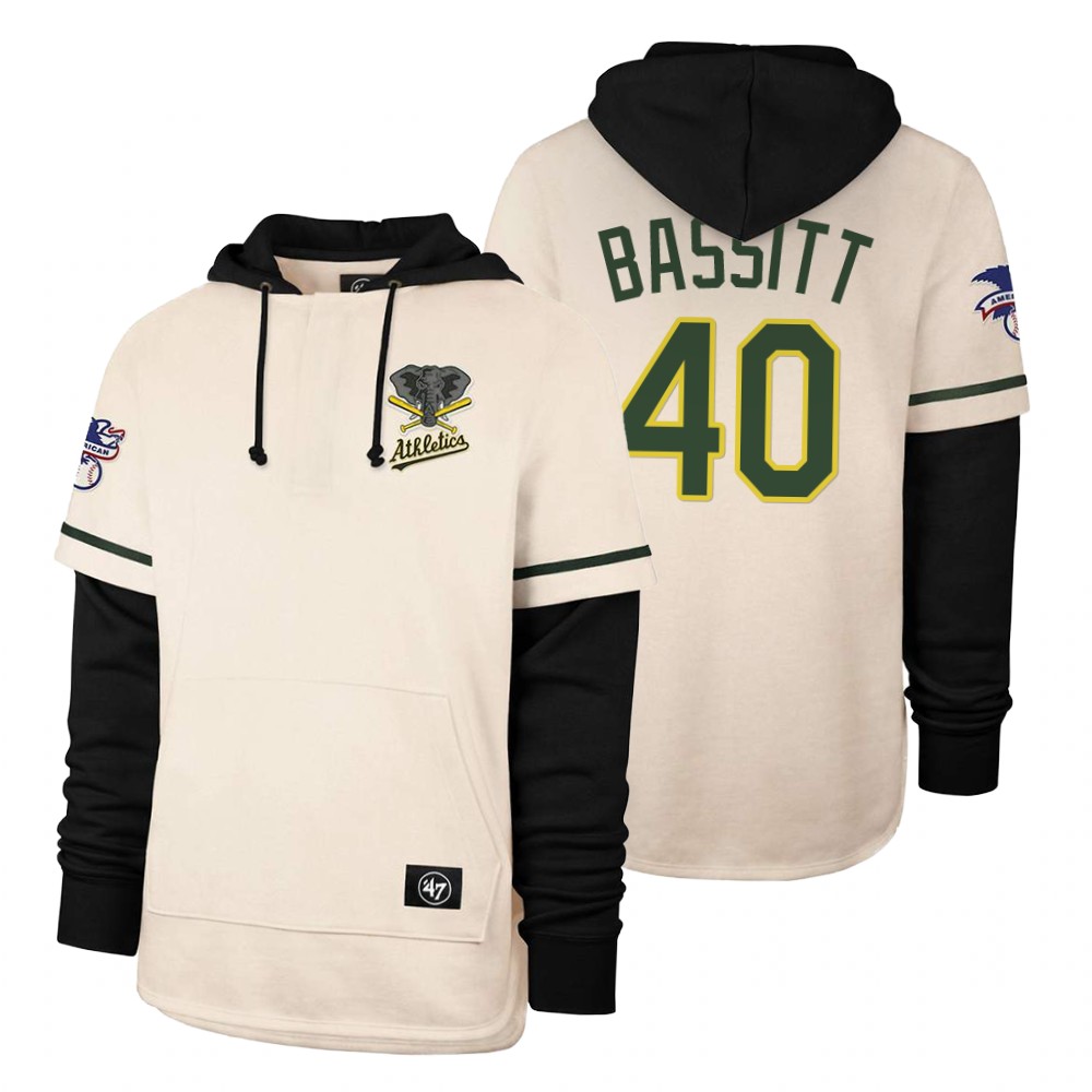 Men Oakland Athletics #40 Bassitt Cream 2021 Pullover Hoodie MLB Jersey